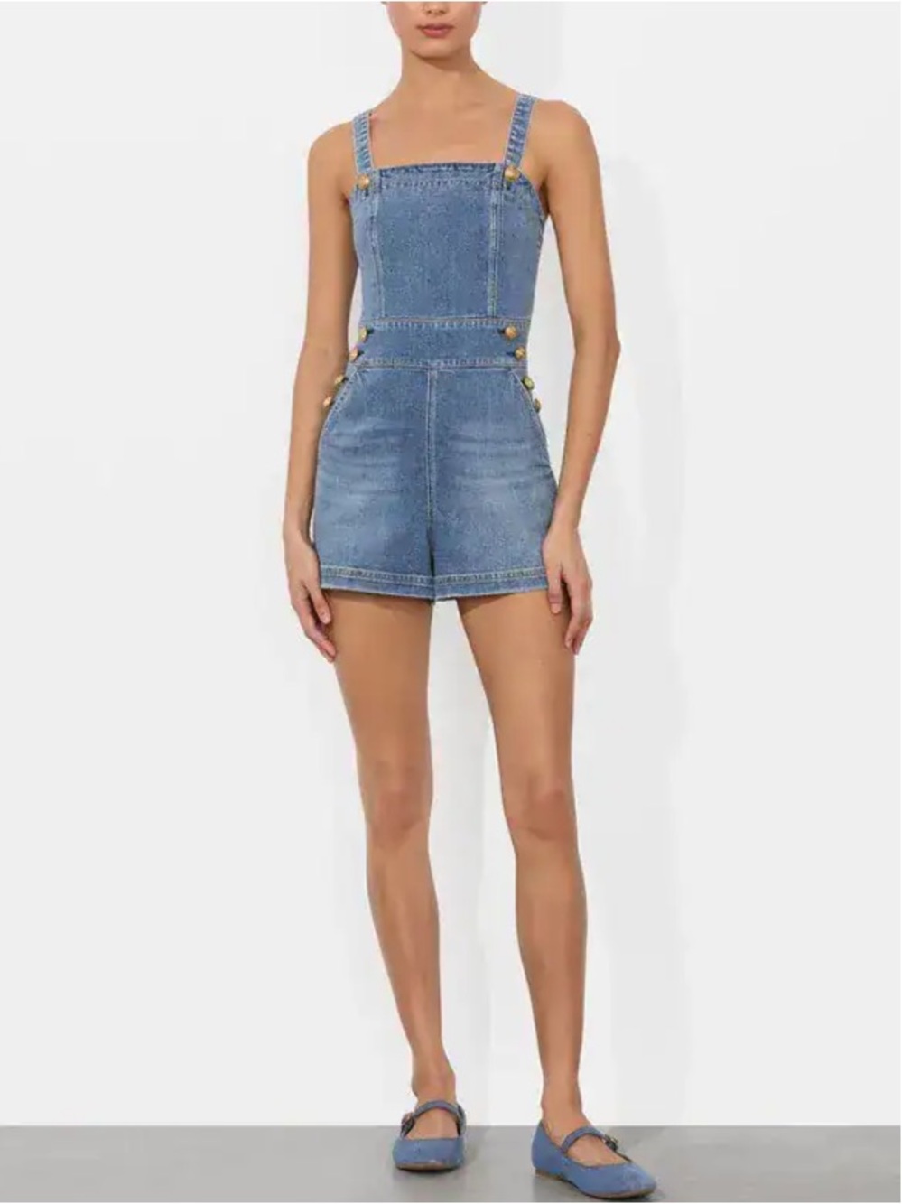 Alice + Olivia Denim Square-Neck Romper in Light Blue